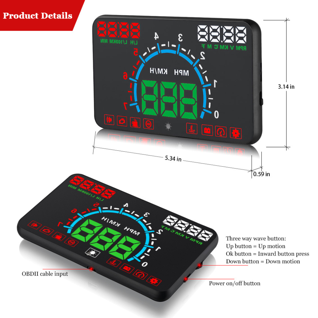 Description E350 5.8″ Car HUD Head Up Display Speedometers Gauge Dashboard Projector Overspeed Fuel Warning Fault Code Detect/Clean Via OBD2